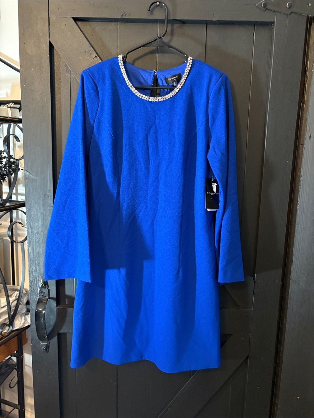 Tahari ASL Royal Blue Long-Sleeve Shift Dress with Pearl Necklace Trim